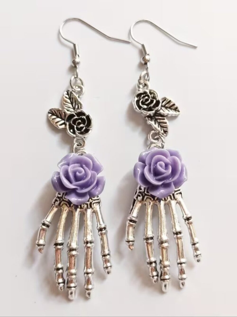 Gothic Halloween Retro Purple Rose Skeleton Hand Earrings